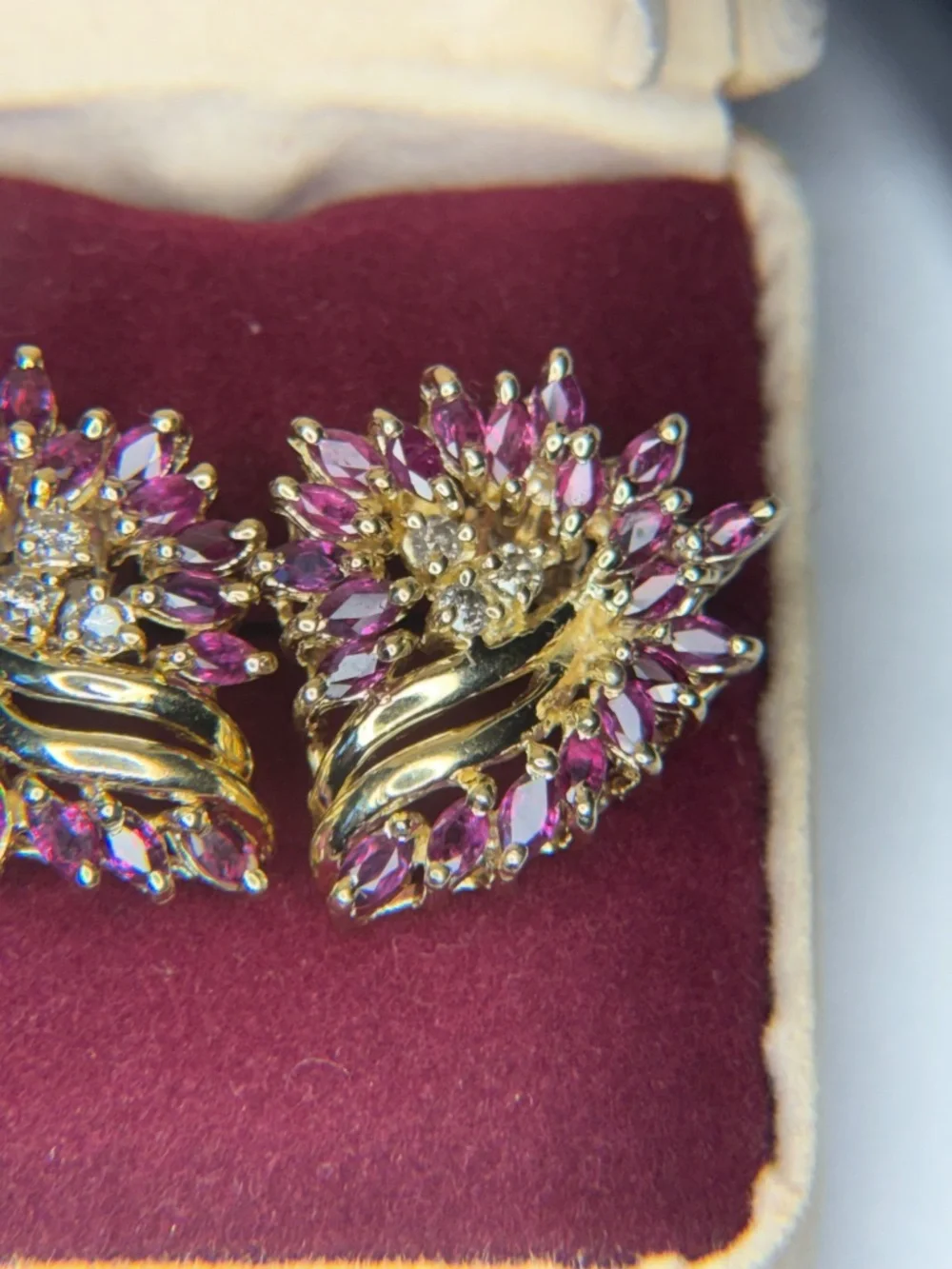 14k Yellow Gold Genuine Ruby And Diamond Earring. Vintage And Papers Included